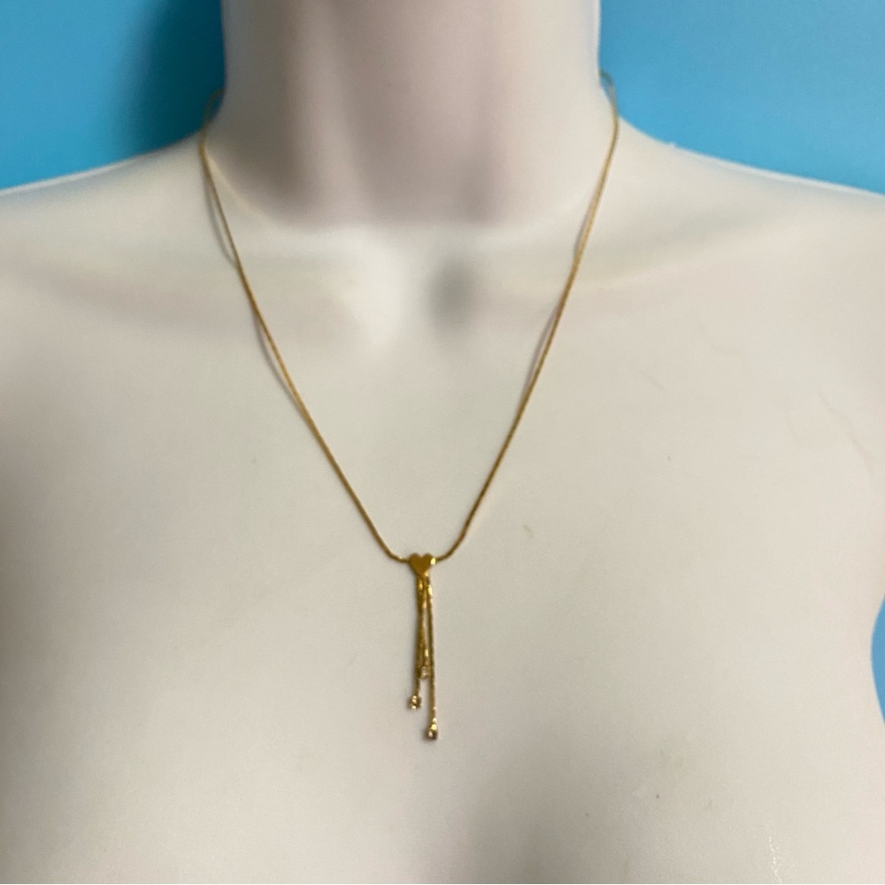 Vintage Dainty Serpentine Chain Heart Dangle Rhinestones Gold Tone Necklace